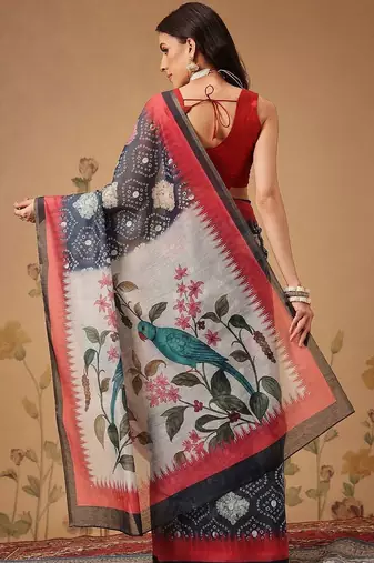 Navy blue printed cotton blend ethnic saree with blouse piece