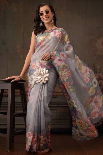 Blue printed tissue traditional saree with blouse piece