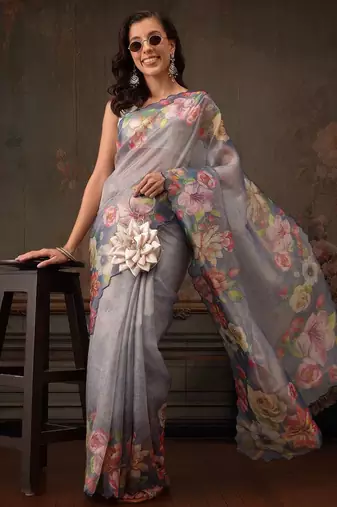 Blue printed tissue traditional saree with blouse piece