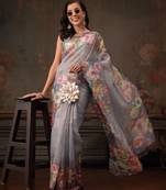 Blue printed tissue traditional saree with blouse piece