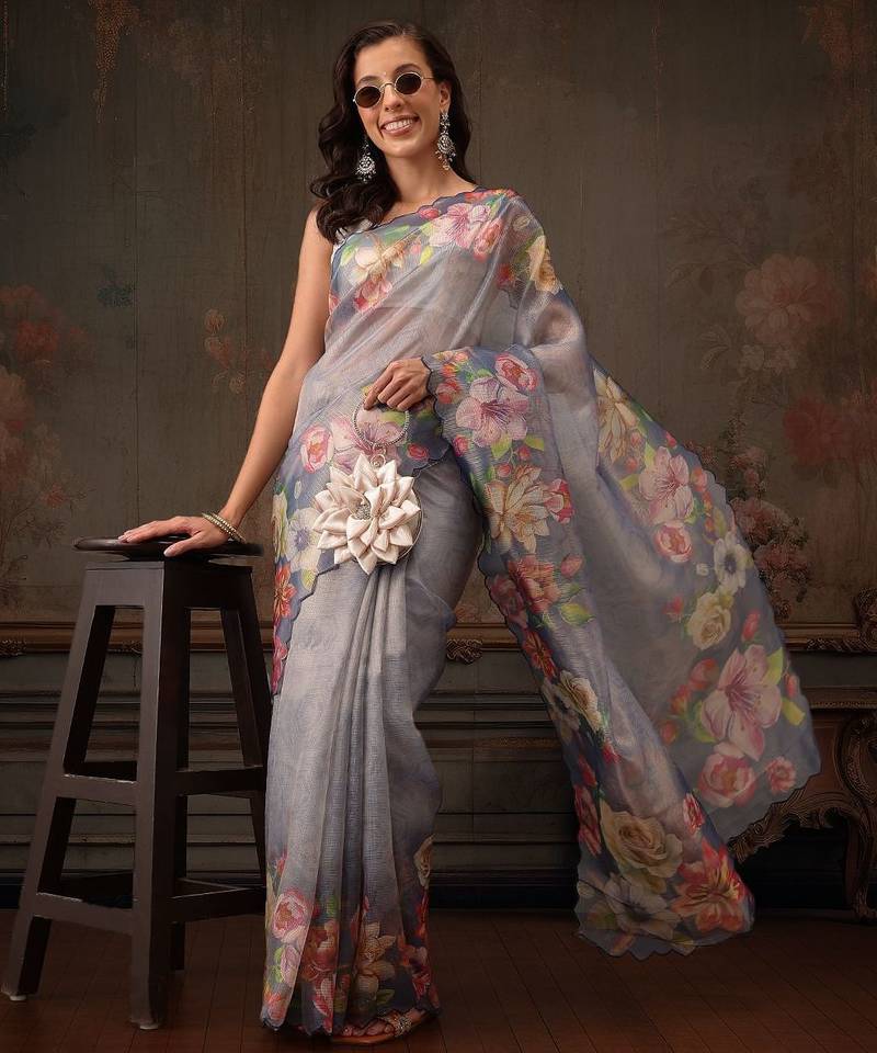 Blue printed tissue traditional saree with blouse piece