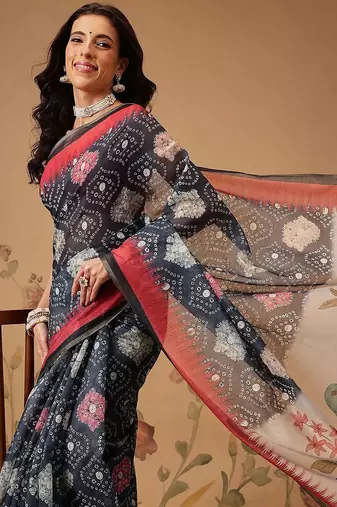 Navy blue printed cotton blend ethnic saree with blouse piece