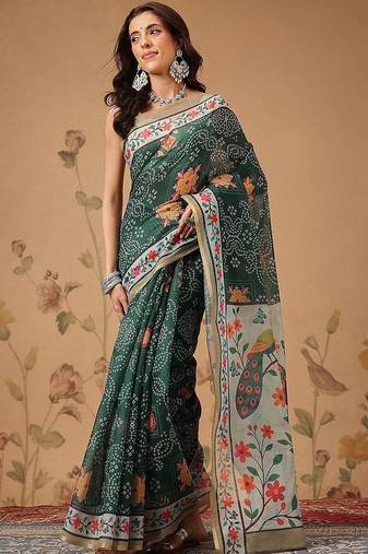Green printed cotton blend ethnic saree with blouse piece