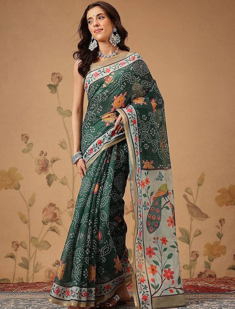Green printed cotton blend ethnic saree with blouse piece