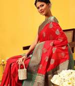 Red woven silk blend ethnic saree with blouse piece