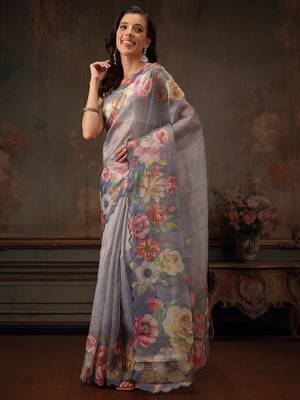 Blue printed tissue traditional saree with blouse piece 2
