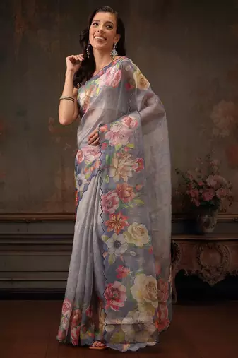 Blue printed tissue traditional saree with blouse piece