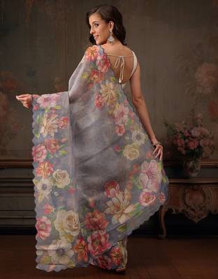 Blue printed tissue traditional saree with blouse piece 3
