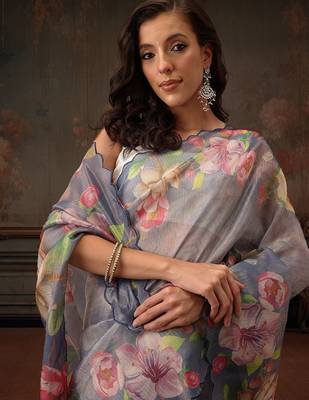 Blue printed tissue traditional saree with blouse piece 4