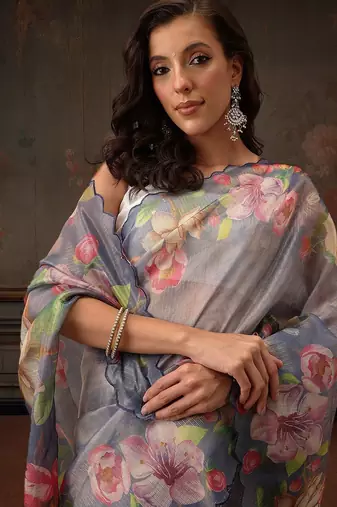 Blue printed tissue traditional saree with blouse piece