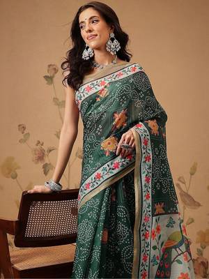 Green printed cotton blend ethnic saree with blouse piece 2