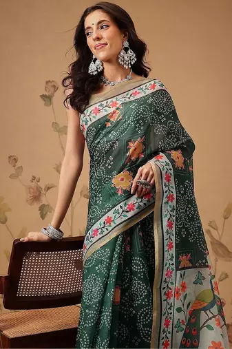 Green printed cotton blend ethnic saree with blouse piece
