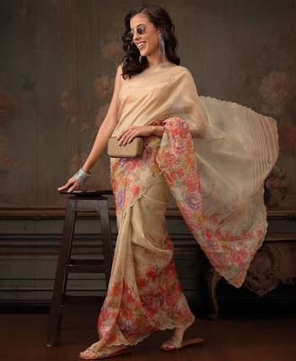 Beige printed tissue traditional saree with blouse piece 1
