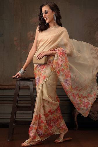 Beige printed tissue traditional saree with blouse piece