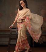 Beige printed tissue traditional saree with blouse piece
