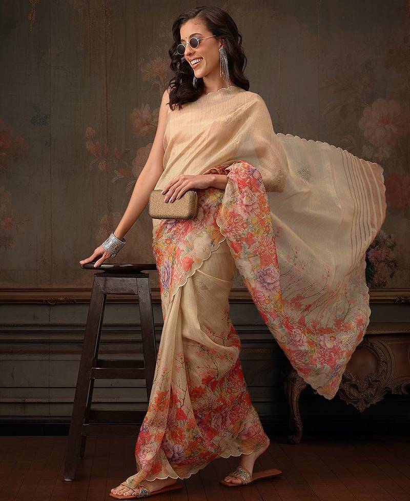 Beige printed tissue traditional saree with blouse piece