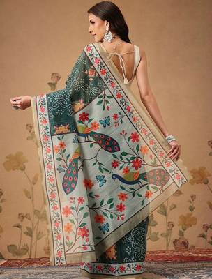 Green printed cotton blend ethnic saree with blouse piece 3