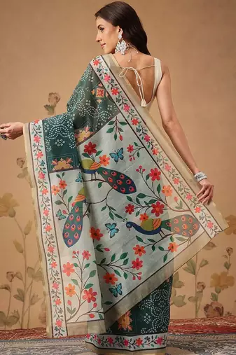 Green printed cotton blend ethnic saree with blouse piece