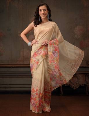 Beige printed tissue traditional saree with blouse piece 2