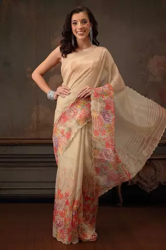 Beige printed tissue traditional saree with blouse piece