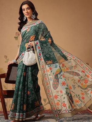 Green printed cotton blend ethnic saree with blouse piece 4