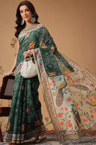 Green printed cotton blend ethnic saree with blouse piece