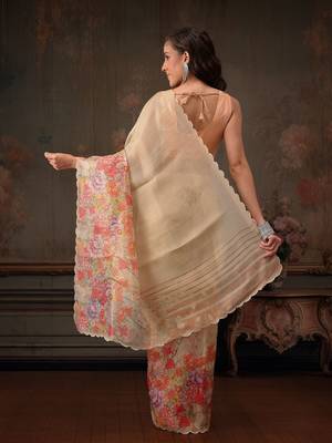 Beige printed tissue traditional saree with blouse piece 3