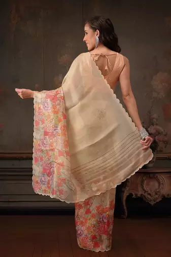 Beige printed tissue traditional saree with blouse piece