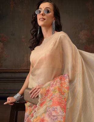 Beige printed tissue traditional saree with blouse piece 4