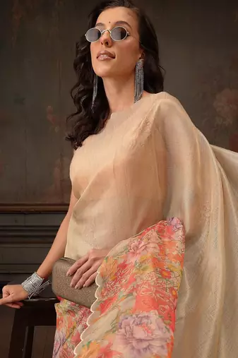 Beige printed tissue traditional saree with blouse piece