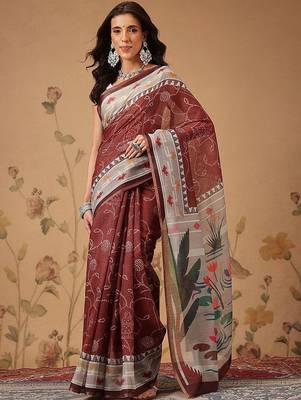 Maroon printed cotton blend ethnic saree with blouse piece 1