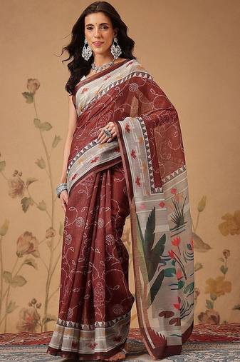Maroon printed cotton blend ethnic saree with blouse piece