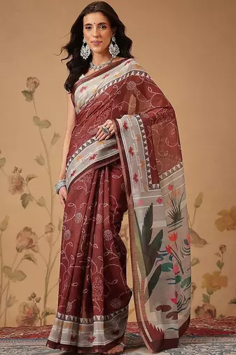 Maroon printed cotton blend ethnic saree with blouse piece