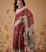 Maroon printed cotton blend ethnic saree with blouse piece