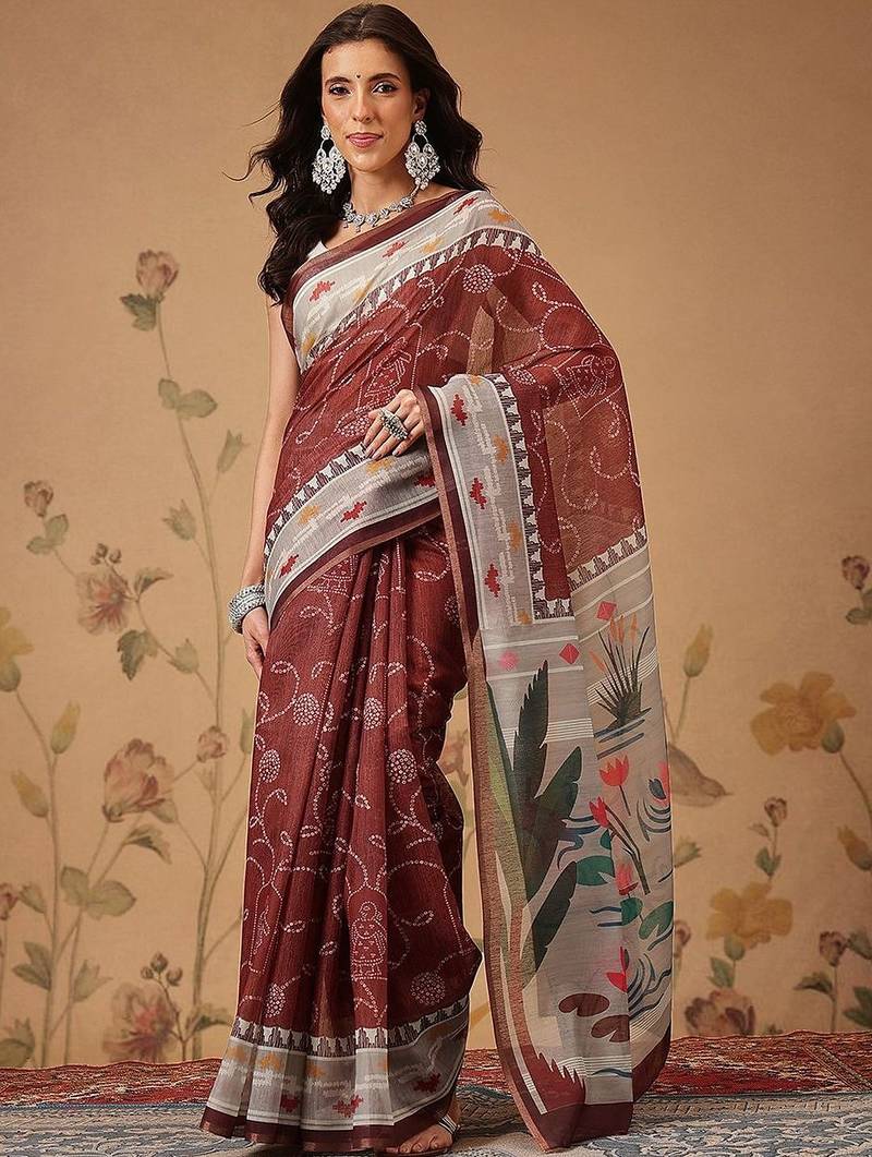 Maroon printed cotton blend ethnic saree with blouse piece