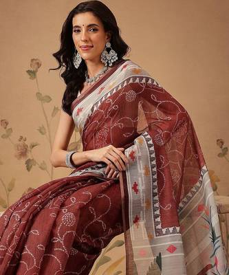 Maroon printed cotton blend ethnic saree with blouse piece 2