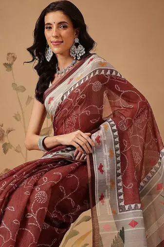 Maroon printed cotton blend ethnic saree with blouse piece