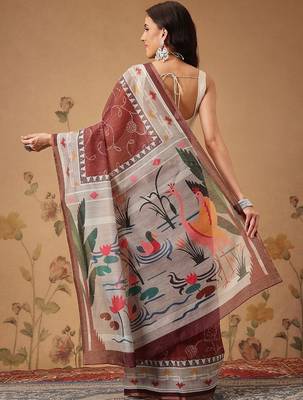 Maroon printed cotton blend ethnic saree with blouse piece 3