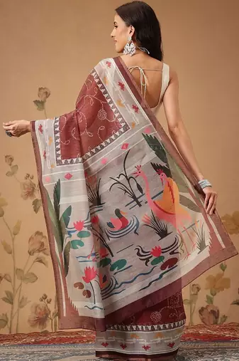 Maroon printed cotton blend ethnic saree with blouse piece