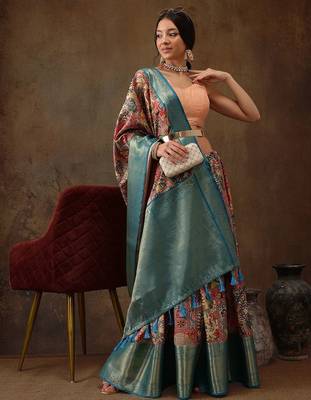 Red printed silk blend ethnic saree with blouse piece 1