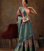 Red printed silk blend ethnic saree with blouse piece