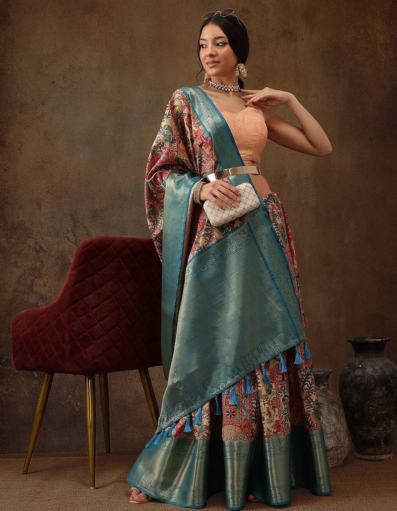Red printed silk blend ethnic saree with blouse piece