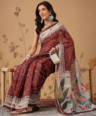 Maroon printed cotton blend ethnic saree with blouse piece 4