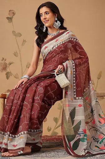 Maroon printed cotton blend ethnic saree with blouse piece