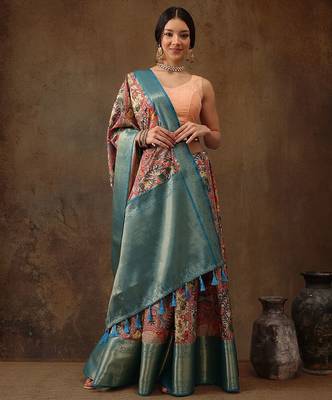 Red printed silk blend ethnic saree with blouse piece 2