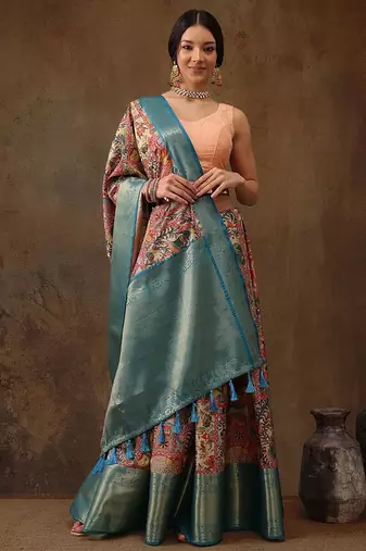 Red printed silk blend ethnic saree with blouse piece