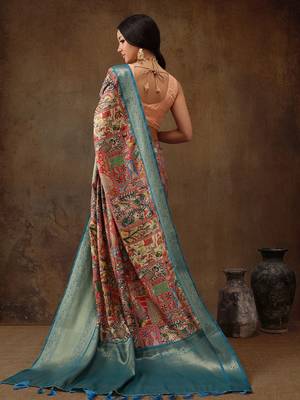 Red printed silk blend ethnic saree with blouse piece 3