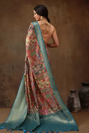 Red printed silk blend ethnic saree with blouse piece