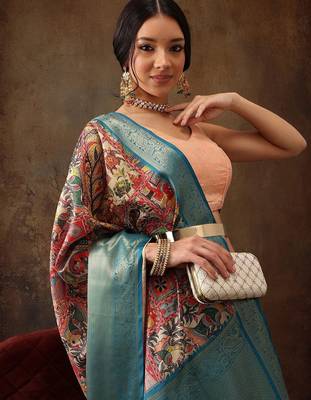 Red printed silk blend ethnic saree with blouse piece 4