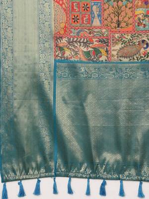Red printed silk blend ethnic saree with blouse piece 5